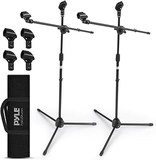 Pyle Universal Adjustable Tripod Microphone Stand - Pair of Heavy Duty Lightweight Professional Compact Extendable Stage Studio Floor Standing Boom Mic Holder w/ Carry Bag, 5/8" Adapter