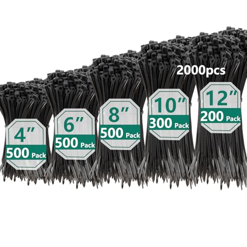 MasiStranth 2000 PCS Zip Ties Assorted Sizes 4+6+8+10+12 Inch Self-locking Nylon Cable ties Outdoor, UV Resistant Wire Straps for Home Office Garden Workshop Indoor Outdoor Fence(Black)