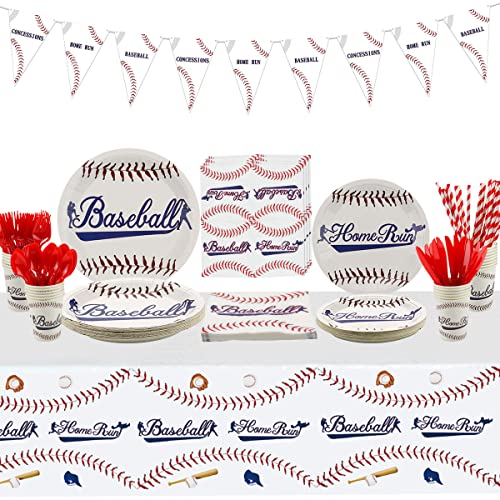 Baseball Party Decorations - Baseball Party Tableware Kit for Birthday Party Supplies Including Plates, Cups, Straws, Napkins, Spoons, Knives, Forks, Tablecloth, Banner, Serves 20（A）