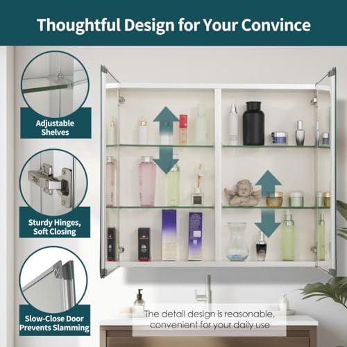 Movo Double Doors Medicine Cabinet with Mirror, 30 inch X 26 inch Aluminum Bathroom Medicine Cabinet, Adjustable Glass Shelves, Waterproof and Rust-Resist, Recess or Surface Mount by Movo - Image 4