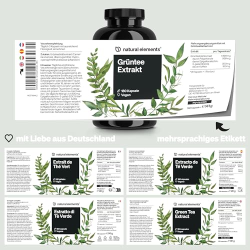 natural elements Grüntee Extrakt – 180 Kapseln – 1998 mg Grüntee Extrakt pro Tagesdosis – mit EGCG und Polyphenolen – vegan, hochdosiert, ohne unnötige Zusätze – laborgeprüfte Qualität