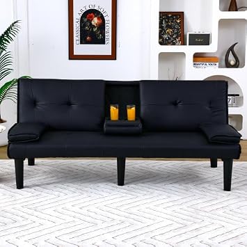 Modern Futon Sofa Bed, 67 Inch Leather Convertible Futon Couch Loveseat Sleeper for Small Spaces,Comfy Folding Recliner Couches for Living Room, Adjustable Backrest,2 Cup Holders,Metal Legs Black