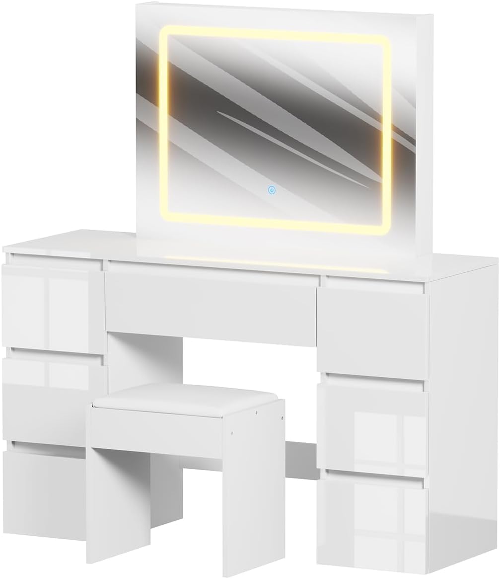 Schminktisch mit LED Beleuchtung, Hochglanz, 7 Schubladen, Weiß | Hochwertiger Stuhl mit Soft Pad, Für Schlafzimmer, Wohnzimmer, Friseur, Umkleidezimmer
