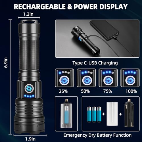 Flashlights High Lumens Rechargeable, Super Bright Flashlight, Adjustable Tactical Flashlight, 5Mode Flash Light High Powered, Waterproof LED Flashlight for Camping, Hiking, Home, Emergencies - Image 5