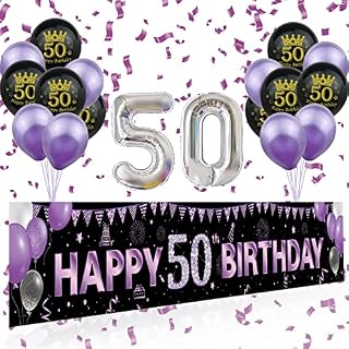 Adisno Birthday Decorations, Glittery Happy Birthday Banner, Birthday Decoration Kit with Balloons for Men Women Birthday Party Decorations Supplies (Purple 50th birthday decoration kit)