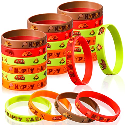 Pulseras de silicona para fiestas de cumpleaños infantiles temáticas de camping, lote de 24