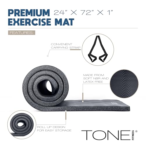Tone Fitness Premium Extra Thick 1-Inch High Density Exercise Mat with Carry Strap – Non-Slip Workout, Pilates, and Yoga Mat for Home Gym - Color Black - Wave Pattern by Tone Fitness - Image 3