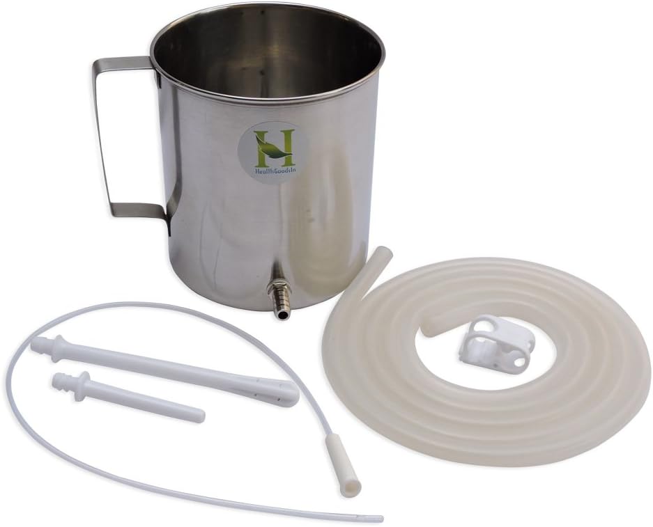 Balde de Enema em Aço Inoxidável 1.42 Litros, Ideal para Enema de Café em Casa com Mangueira de Silicone Médico Curada em Platina