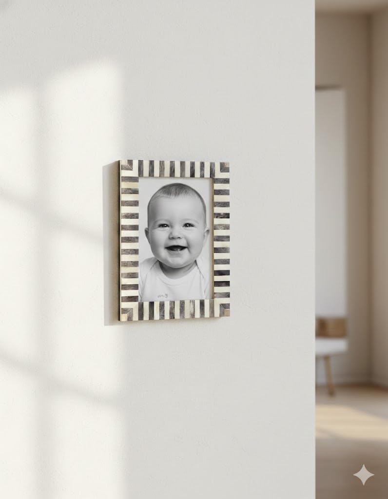 Handmade Bone Inlay Photo Frame 5x7 Inch | Grey & White Striped Decorative Picture Frame | Luxury Artisan Tabletop & Wall Display | Home Décor Gift
