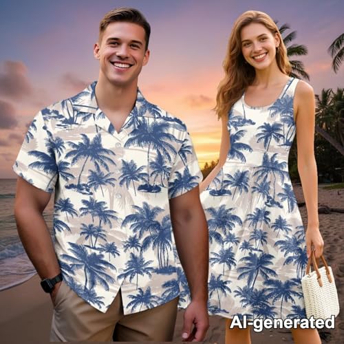 Image of Hawaii Matching Couple Outfits Husband and Wife Clothing Fashionable Mens Casual Shirts Hawaii Dress with Soft Fabric