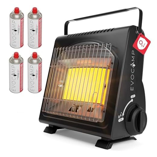 EVOCAMP mini calefactor de gas butano, calefactor portátil para camping de 1,7 kW, calefacción de gas de cerámica para exteriores (+ 4 cartuchos de gas)