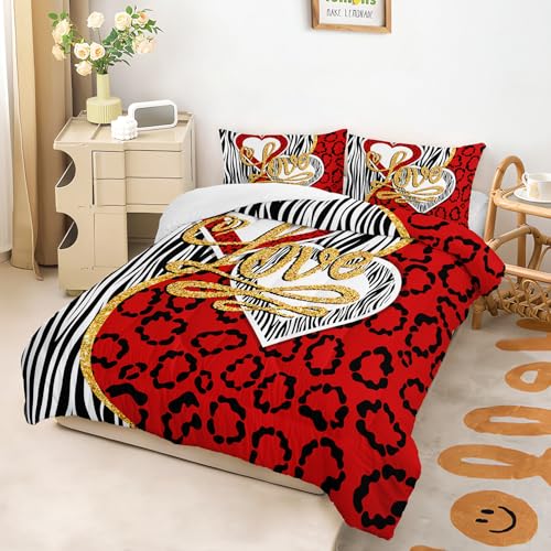 Image of AILONEN Couple Lover Bedding Set Queen Size,Black White Red Romantic Hearts Printed Comforter Set 3 Piece,Modern Bedroom Decor Soft Comforter with 2 Pillowcases