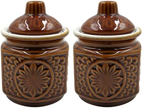 Farkraft Ceramic Pickle Jar Container Round Shape Achaar/Chutney Jar with Lid 700 ml Set of 2