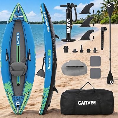 12.5FT 2-Person Inflatable Kayak, 450LBS Heavy Duty Tandem Fishing Kayak, Convertible Single/Touring Kayak with Padded Seat, 3 Fins, Hand Pump, Carry Bag & Repair Kit for Adults Kids Lake River