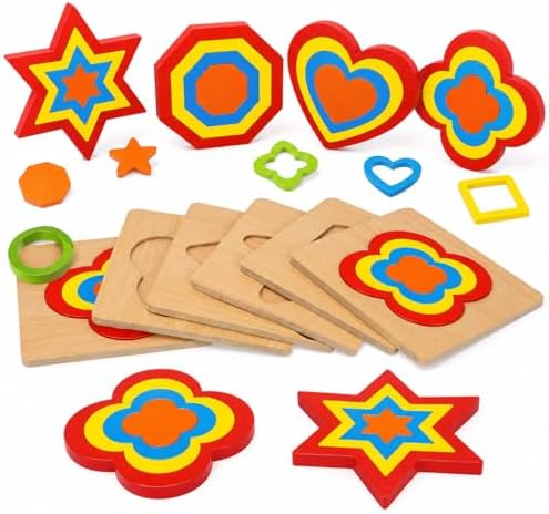 VOLSION Toddler Puzzles, Montessori Wooden Shape Sorting Puzzle Sensory Toy, Preschool Learning Activities, Fine Motor Skills Educational Gift for 2 3 4 Year Old Girls Boys