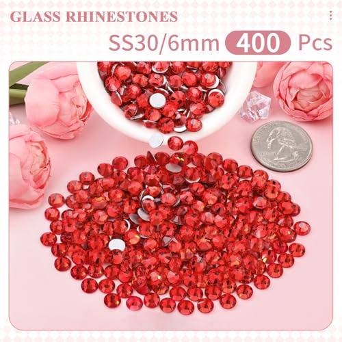 Image of 400PCS SS30 /6mm Crystal Glass Rhinestones for Bedazzling (Light Red) | Flatback Rhinestones for Crafting DIY Crafts Nail Art Makeup, Light Siam Gems Diamond Charms for Tumbler Shoes Clothing Mug
