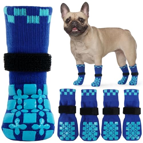 Image of ROZKITCH 2 Pairs Dog Socks Paws Stop Licking, Socks for Injured Paws Double Side Non-Slip Dog Claw Slipper Foot Bandage Paw Protection After Operation on Toe Bichon Frise, French Bulldog Blue M