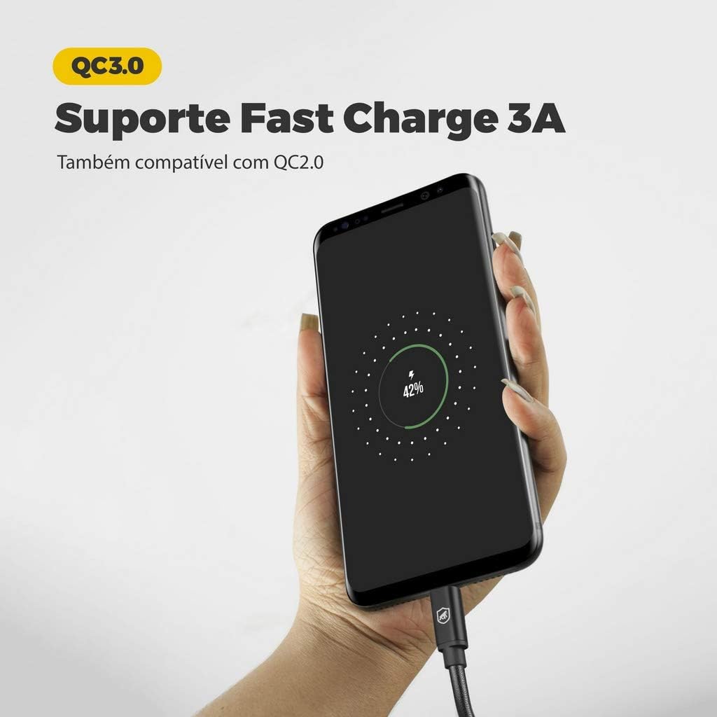 Cabo Turbo Militar Tipo C para Carregamento rápido 3A - Type C/USB A - Qualcomm 3.0, Nylon trançado, 1,5 Metros - Gshield