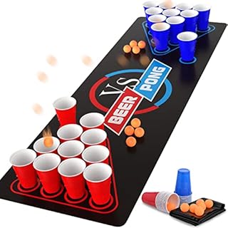 Cieex Beer Pong Set Include 1 Beer Pong Table Mat Party Plastic Cups (15 Blue & 15 Red) 8 Ping Pong Balls Fun Adult Drinking Game for Party Festivals Tournaments BBQ