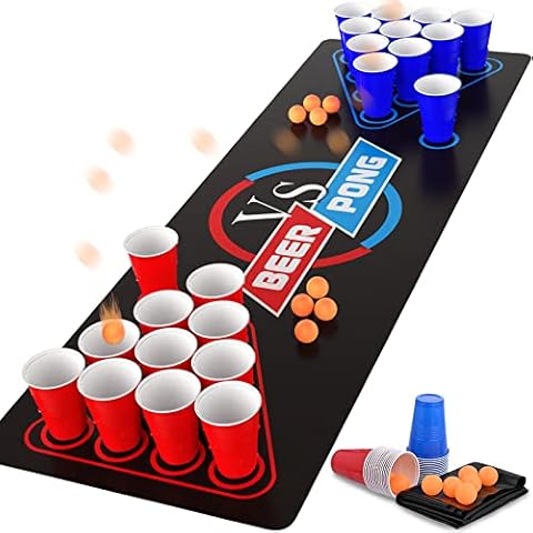 Cieex Beer Pong Set Include 1 Beer Pong Table Mat Party Plastic Cups (15 Blue & 15 Red) 8 Ping Pong Balls Fun Adult Drinking Game for Party Festivals Tournaments BBQ Cover