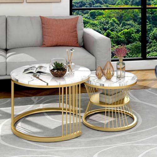 Image of Nesting Coffee Table, 20 inch Round Coffee Table Set of 2, Wooden Nesting Table with Metal Frame, Center Tables for Living Room Bedroom Balcony Bedside Table Gold White