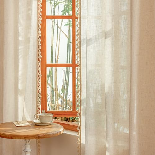 Image of MYSKY HOME Linen Macrame Curtains for Living Room Bedroom, Semi Sheer Drapes 84 inches Length Farmhouse Boho Style Back Tab Drapes for Sliding Glass Door, 50 inch Wx84 inch L, Linen,2 Panels