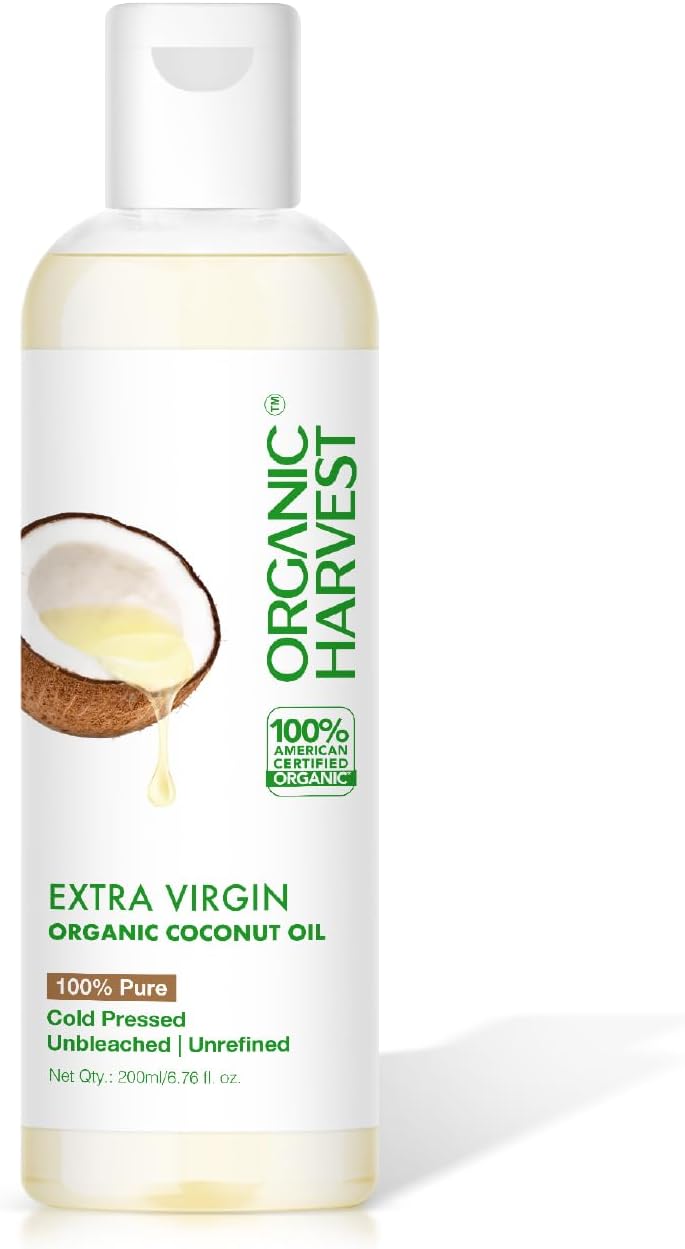 Organic Harvest Extra Virgin Organic Coconut Oil: 100% Pure | For Hair & Skin|For Baby Massage, 100% American Certified Organic, Paraben & Sulphate-free, 200ml (Without Comb Applicator)