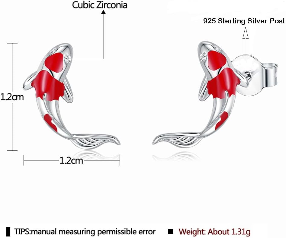 Rofeego Platinum Plated Koi Fish Stud Earrings,S925 Sterling Silver Post