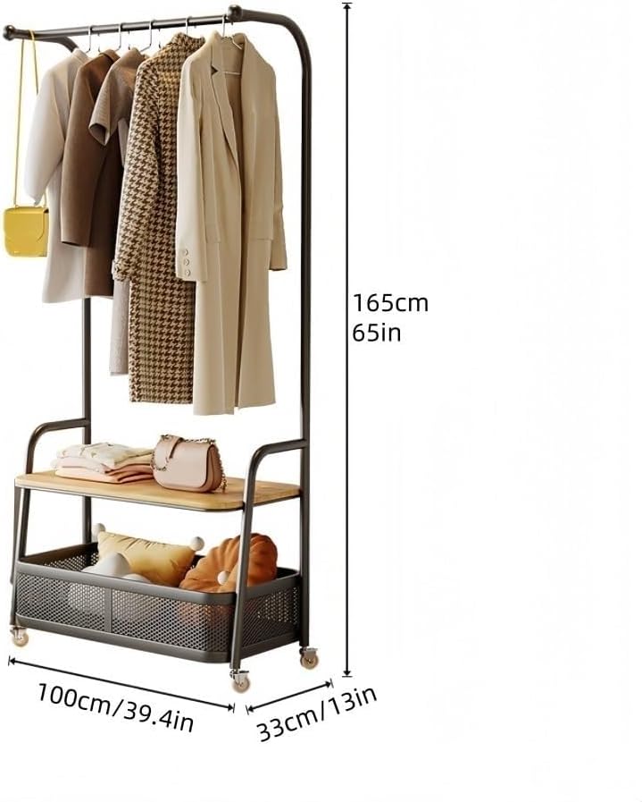 Home Furnishing Coat Rack with Wheels Rolling Hall Tree with Storage Shelf Metal Clother Rack with Storage Basket Modern Metal Coat Racks for Living Room Entryway(White,CH)