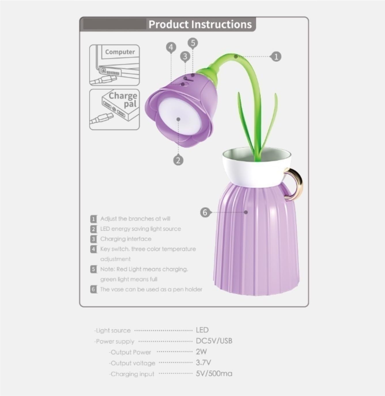 Eye Protection Rose Flower Desk Lamp Infinite Dimming Trichromatic Temperature Rechargeable Desk Lamp(Orange)