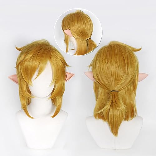Miniatura 2 de Peluca rubia terrosa de longitud media con fleco partido lateral, cabello rizado, media cola de caballo + orejas cos anime show simulación peluca de