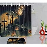 cruz de marmol para cementerio precios ☪TAMAÑO - 36 X 72 pulgadas D-M-L Cortina de Ducha de Linterna de Calabaza Muerte sosteniendo Hoz de pie Cementerio Cruz Cortina de Ducha de Terror para Fiesta, Tela Impermeable