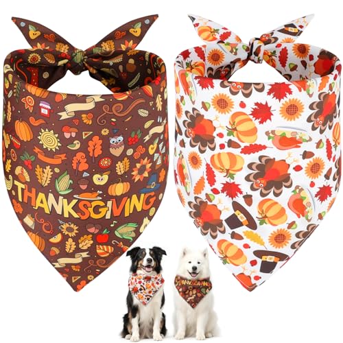 SZEE Thanksgiving Dog Bandanas - 2 Pcs Holiday Pet Accessories with Pumpkins Thanksgiving Bandanas for Dogs for Warm Harvest Vibes (Large White & Brown)