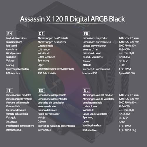 TR-Thermalright Assassin X 120 Digital ARGB Black,chłodzenie CPU,4×6 mm rurki cieplne,wentylator PWM 120mm-2000 obr./min,pokrywa górna z wyświetlaczem cyfrowym, dla AM5/AM4,Intel LGA1851/1700,Czarny