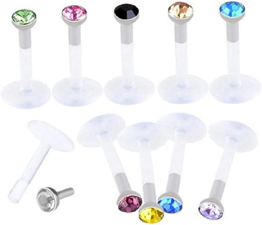 Tiande 10PCS 16G Clear UV Flexible Acrylic 2mm CZ Gem Labret Monroe Lip Ring/Tragus/Helix/Cartilage Earring Stud Barbell Body Piercing Jewelry