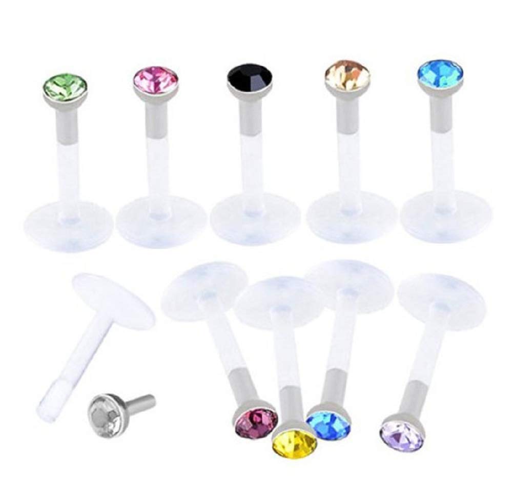 tiande10PCS 16G Clear UV Flexible Acrylic 2mm CZ Gem Labret Monroe Lip Ring/Tragus/Helix/Cartilage Earring Stud Barbell Body Piercing Jewelry