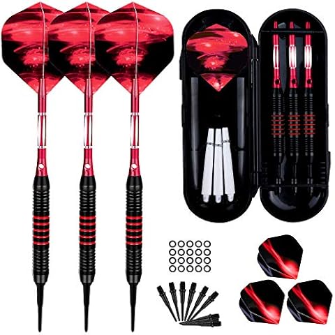 Dartpfeile mit Kunststoffspitze für Elektronische Dartscheibe 3 Stück Soft Darts Pfeile Set, 18 Gramm Profi Softdarts Dartpfeil und Extra Schafts Flights Dartspitzen Anti-Lose Gummiringe (Rot) Cover