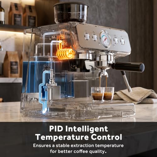 Image of Espresso Machine with Grinder, 20 Bar Espresso Maker with Milk Frother, PID Temperature Control, 30 Grind Settings, Removable Water Tank, Stainless Steel Coffee Machine for Cappuccino, Latte