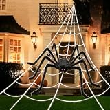 PUHPIG 200' Halloween Spider Web + 59' Giant Spider Decorations, Triangular Huge Spiders Web and Hairy Scary Fake Spider, for Indoor Outdoor Porch Yard, Scary Haunted House Party, and Halloween Décor