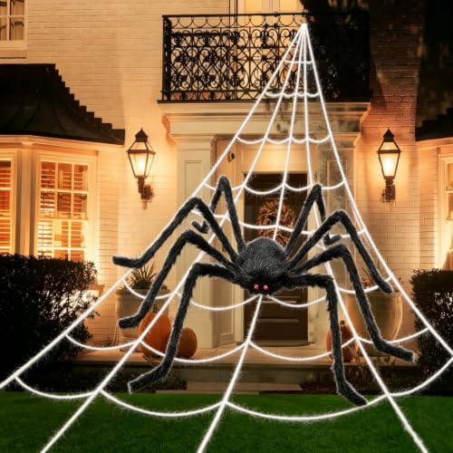 PUHPIG 200 Halloween Spider Web + 59 Giant Spider Decorations Triangular Huge Spiders Web and Hairy Scary Fake Spider for Indoor Outdoor Porch Yard Scary Haunted House Party and Halloween Décor