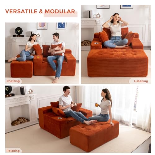 Image of MAXYOYO Oversized Chaise Lounge Sofa, Upholstered Lounge Chair with 3 Pillows Indoor, Tufted Boneless Sofa Couch with Ottoman, Deep Seat Sleeper Chair for Living Room, Bedroom, No Assembly, Orange