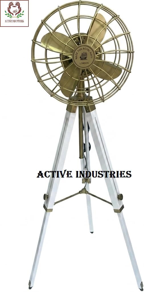 50" Handmade Nautical Industrial Floor Fan with Tripod Stand, White Adjustable Height Fan, Vintage Marine Style Home Decor, Metal Air Circulator for Living Room, Office, Studio