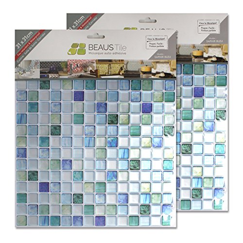Beaustile Decorative Tile Stickers Peel Stick Backsplash Fire Retardant Tile Sheet (Sapphire Blue) (2Pcs) (12.2" X 12.2") #TOP5