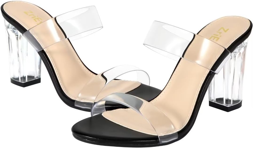 ZriEy Women's Chunky Block Open Toe Mid High Heeled Sandals Two Strap Slip on Heels Slide Sandals for Party Wedding Dress Dating Daily Pumps Shoes - Image 6