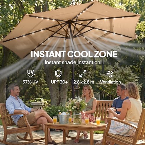 Outsunny 2.8 M Garden Parasol Umbrella With Led Solar Light, Parasol Cover, 3 Tier Outdoor Table Market Patio Umbrella Sun Shade With Tilt And Crank, 8 Ribs, Khaki - 6