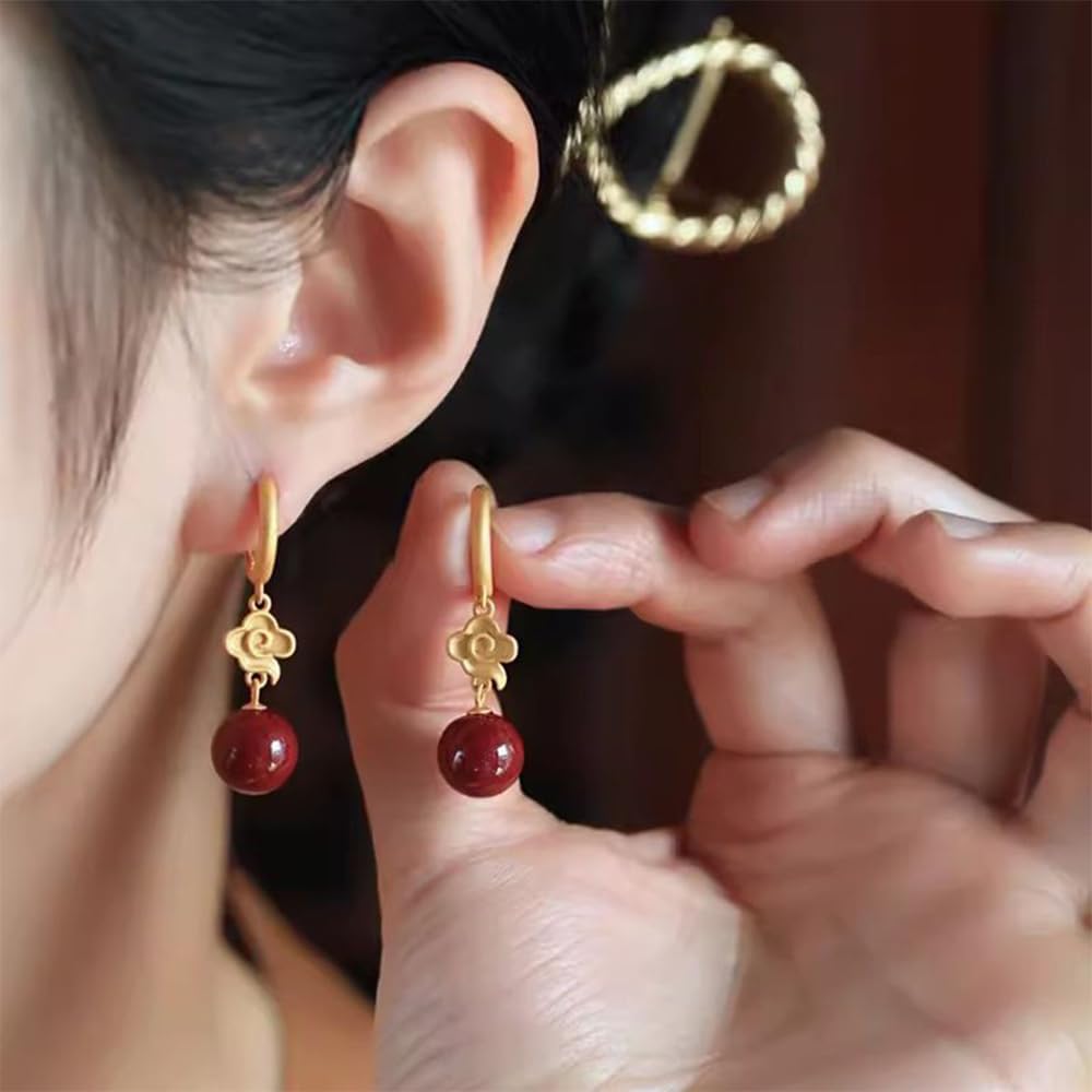 S925 Silver Gold-Plated with Natural Cinnabar Earrings Jade for Women Yoga Genuine