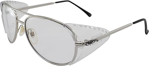 Global Vision Gafas de seguridad de aviador transparente UV400 con lente de policarbonato brillante, marco de metal plateado con protectores