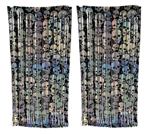 CYBERNOVA Halloween Decorations Skeleton Skull,2 pezzi sfondo con strisce frange per feste di Halloween, pacchetto decorazioni sospese spaventose (nero + argento)