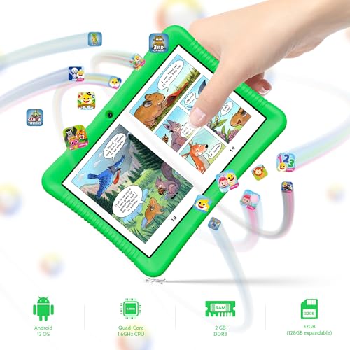 Image of Contixo K102 10 inch Kids Tablet Bundle - Wireless Kids Headphones, 32GB, Learning Educational Apps, Parental Controls, Dual Cameras, Shockproof Case with Kickstand & Stylus, Ages 3-7 - Green