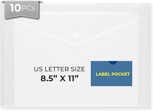 10 carpetas de plástico transparente tamaño carta con cierre de botón, bolsillo para etiquetas, sobres de polietileno pesados para regreso a la
